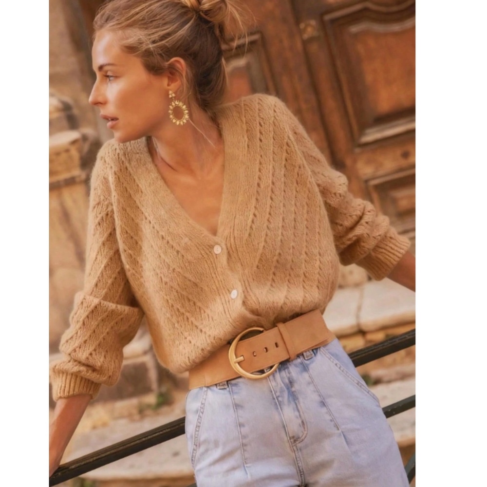 V-Cut Buttoned Down Camel Tan Knit Cardigan Textured, Long Sleeve - Picture 5 of 7